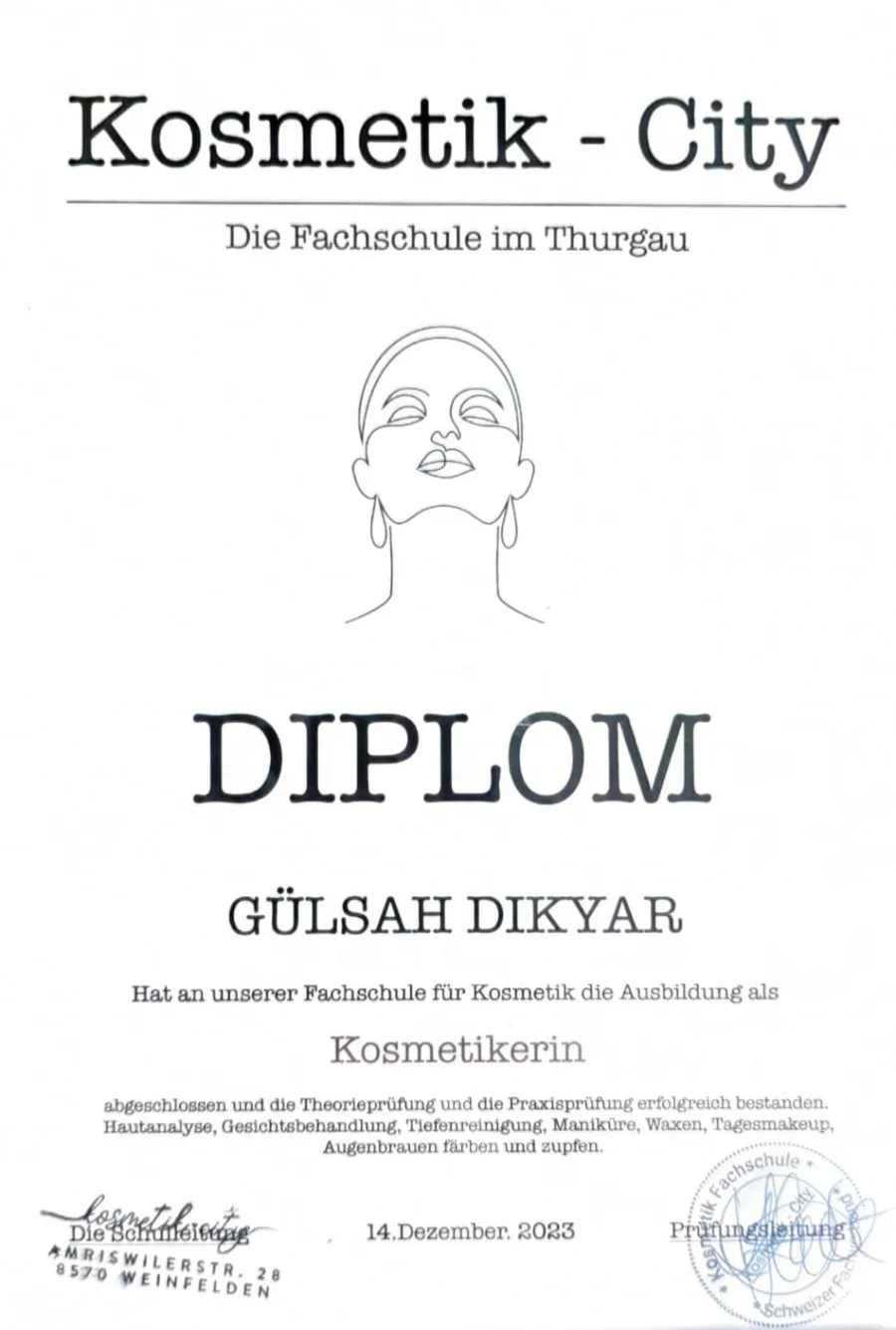 Diplom Ausbildung Kosmetikerin – Gülsah Dikyar, Dezember 2023