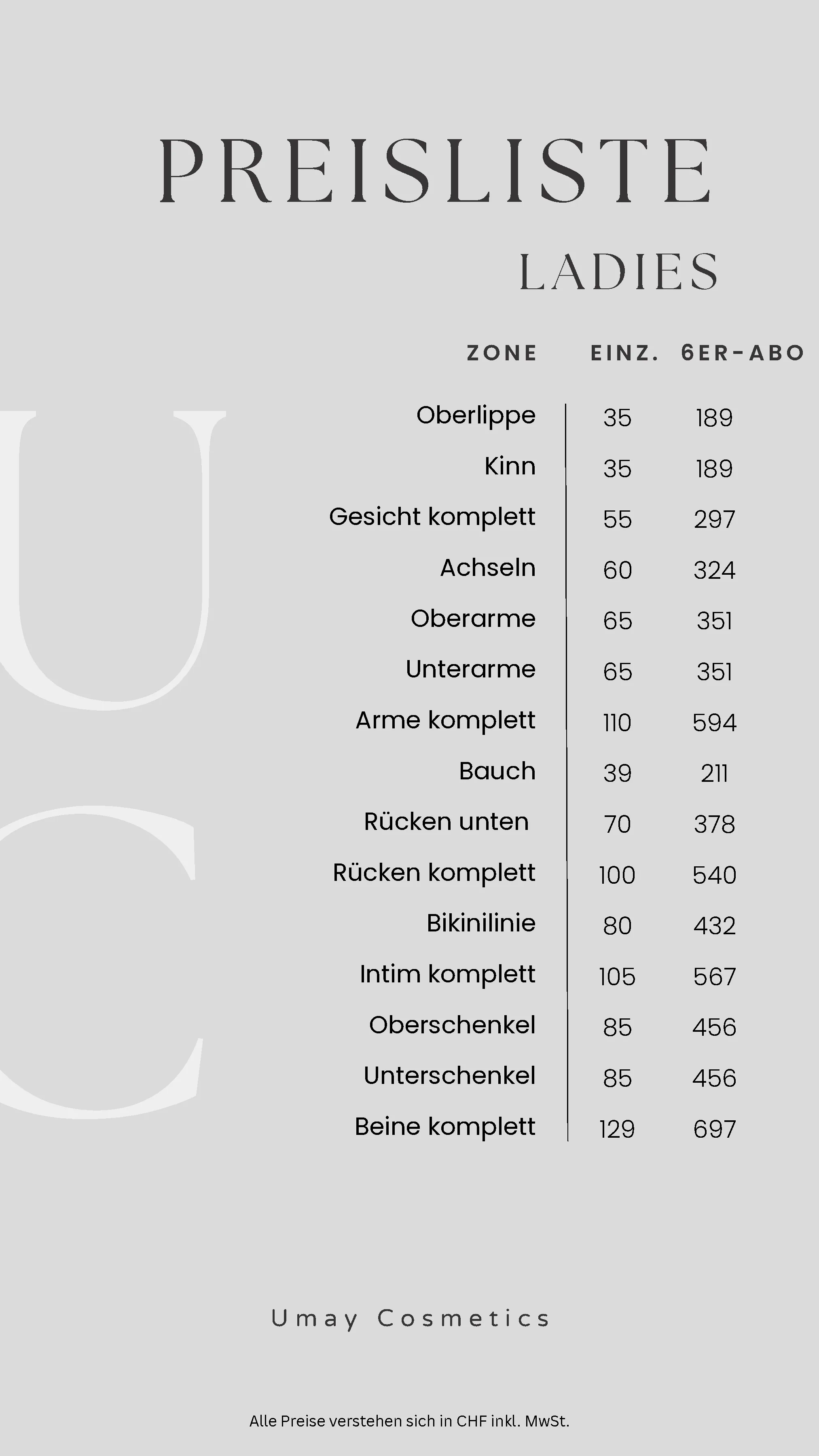 Preisliste Diodenlaser Haarentfernung – Umay Cosmetics